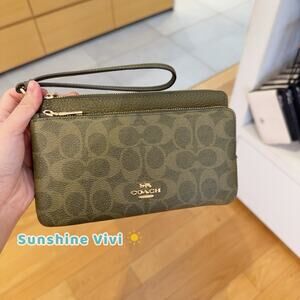 NWT Coach CX161 Double Zip Wallet Signature Canvas Clutch Wristlet Olive Green